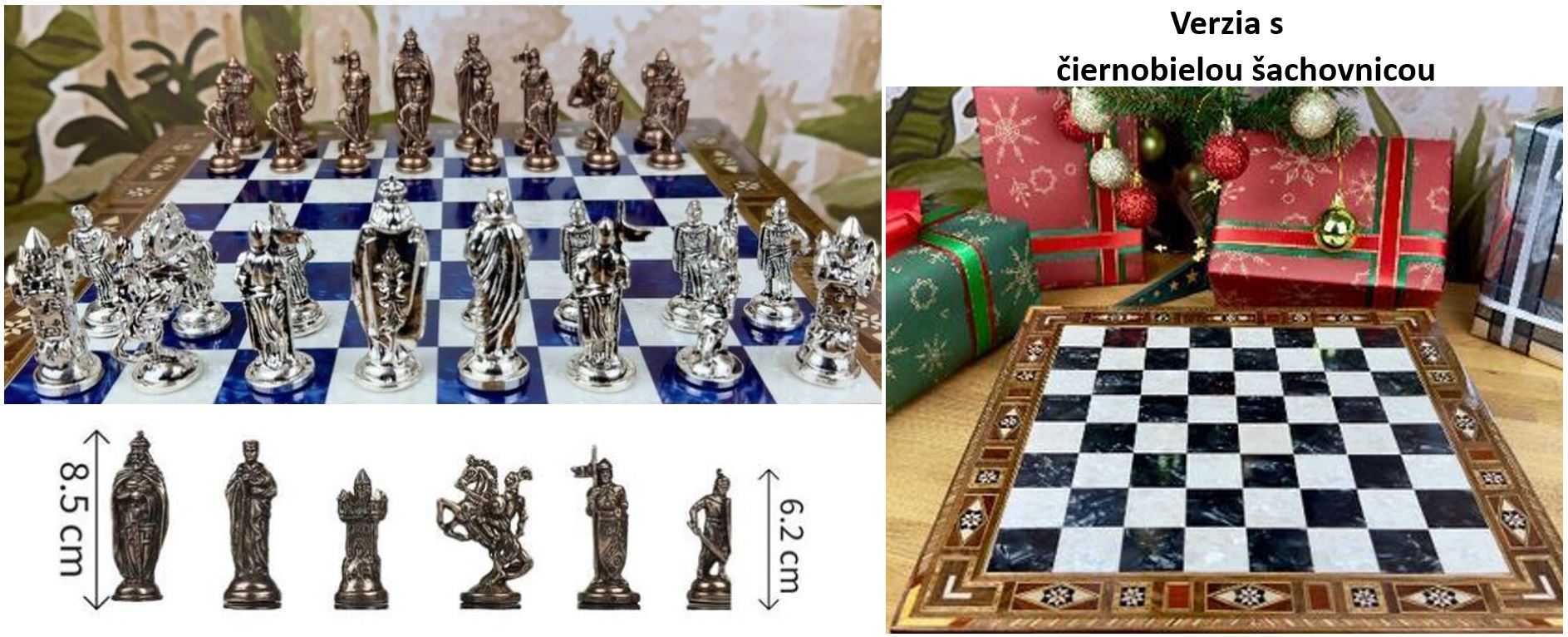 Kovový zberateľský šach - kráľ 8,5cm - kazeta s čiernobielou šachovnicou