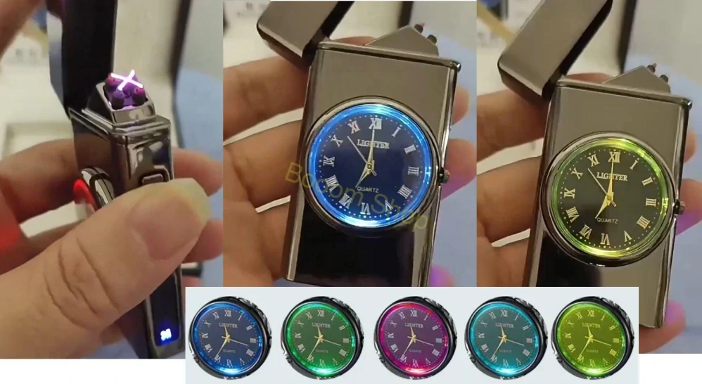 Kovový USB zapaľovač s hodinkami a led svetlom