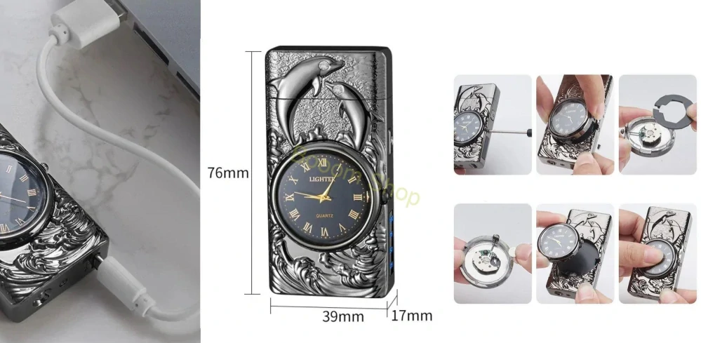 Kovový USB zapaľovač s hodinkami a led svetlom