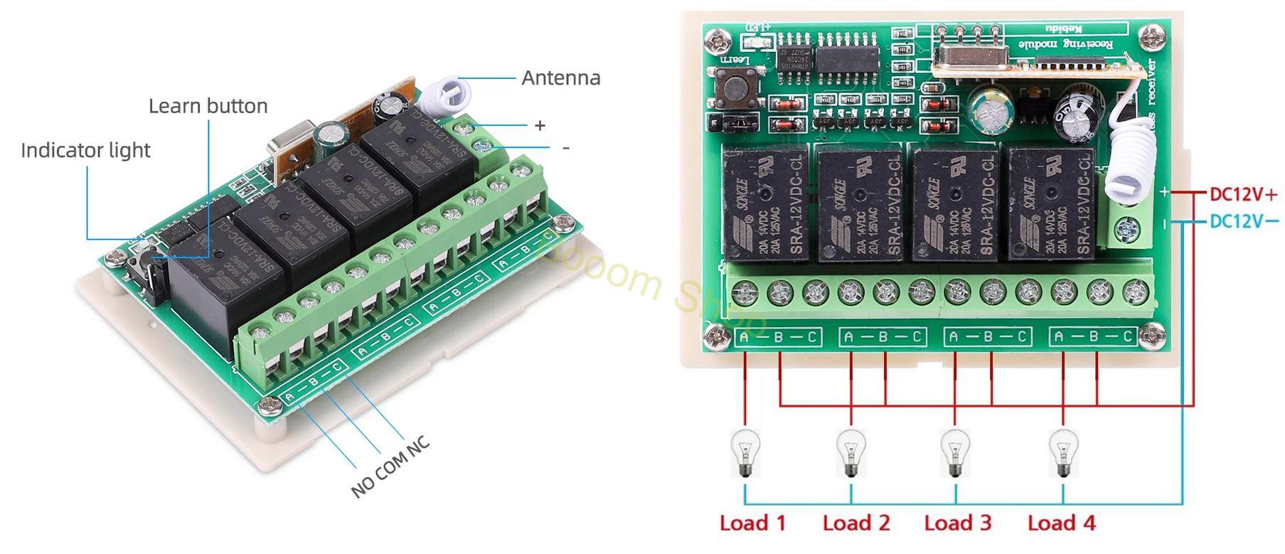 12V 4 kánalový bezdrôtový ovládací modul 100m - 2x ovládač